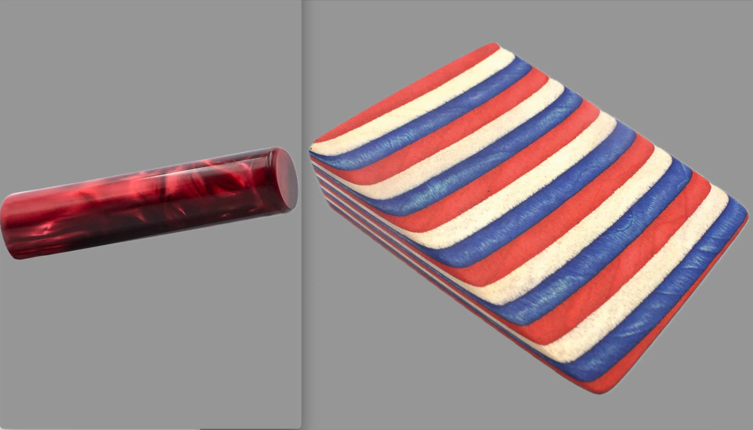 swatch of swirling burgandy tone acrylic rod next to Americana laminate wood pattern of alternating red, white, and blue color tones