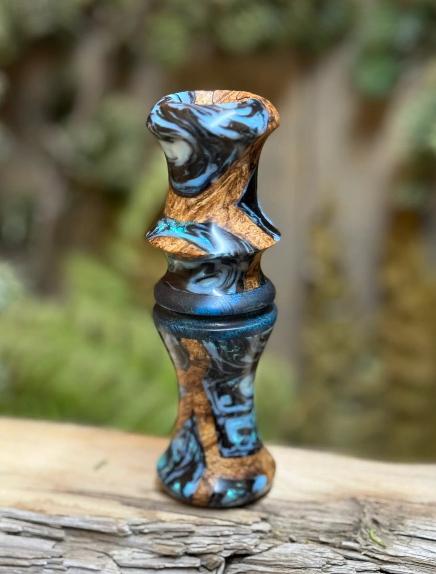 Box Elder Burl & Aqua Resin with swirls of black and opal tone acrylic blended into light burly wood from a box elder - Short Reed Goose Call