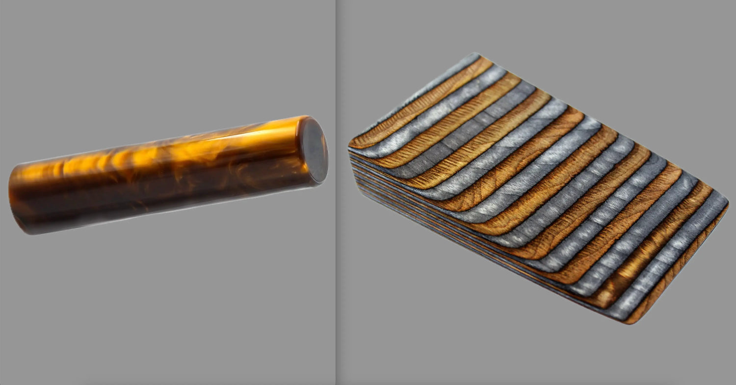 swatch of swirling copper tone acrylic rod next to Coffee laminate wood pattern of alternating grey, copper, and black tones