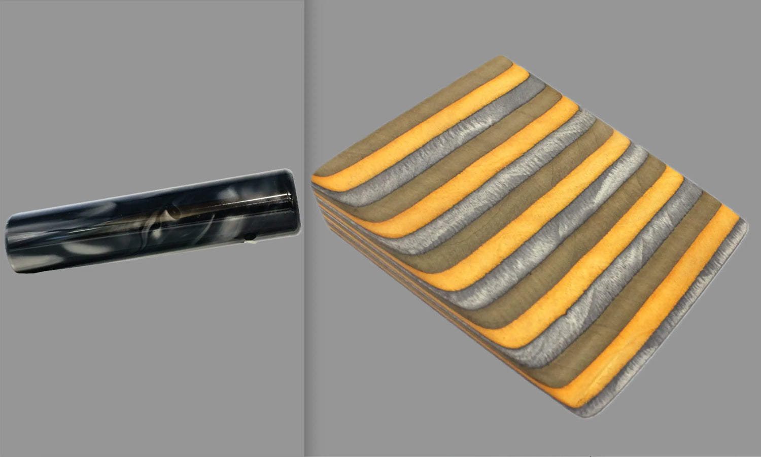 swatch of swirling black and grey tone acrylic rod next to Ember Glow laminate wood pattern of alternating ash silver, bronze, and neon orange tones set off by black dividing lines