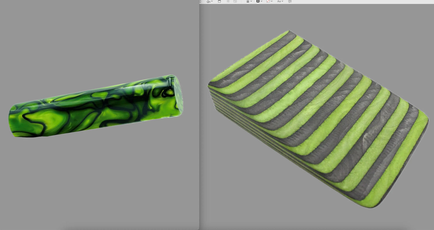 swatch of swirling black and lime green tone acrylic rod next to Toxic Marsh laminate wood pattern of alternating coal and lime green color tones