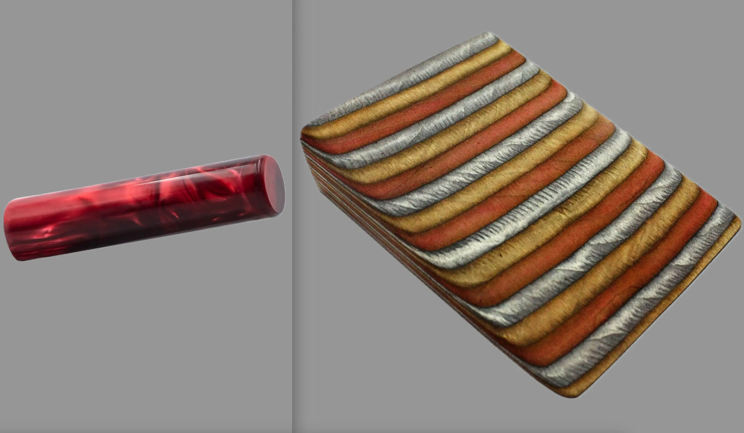 Wood swatch of burgandy acrylic rod next to Jacaranda laminate wood pattern of alternating grey, copper, and bronze tones