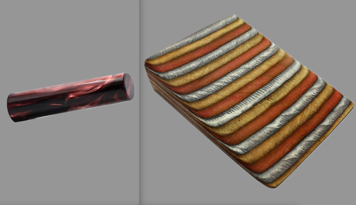 swatch of swirling dark cherry tone acrylic rod next to Jacaranda laminate wood pattern of alternating grey, copper, and bronze tones