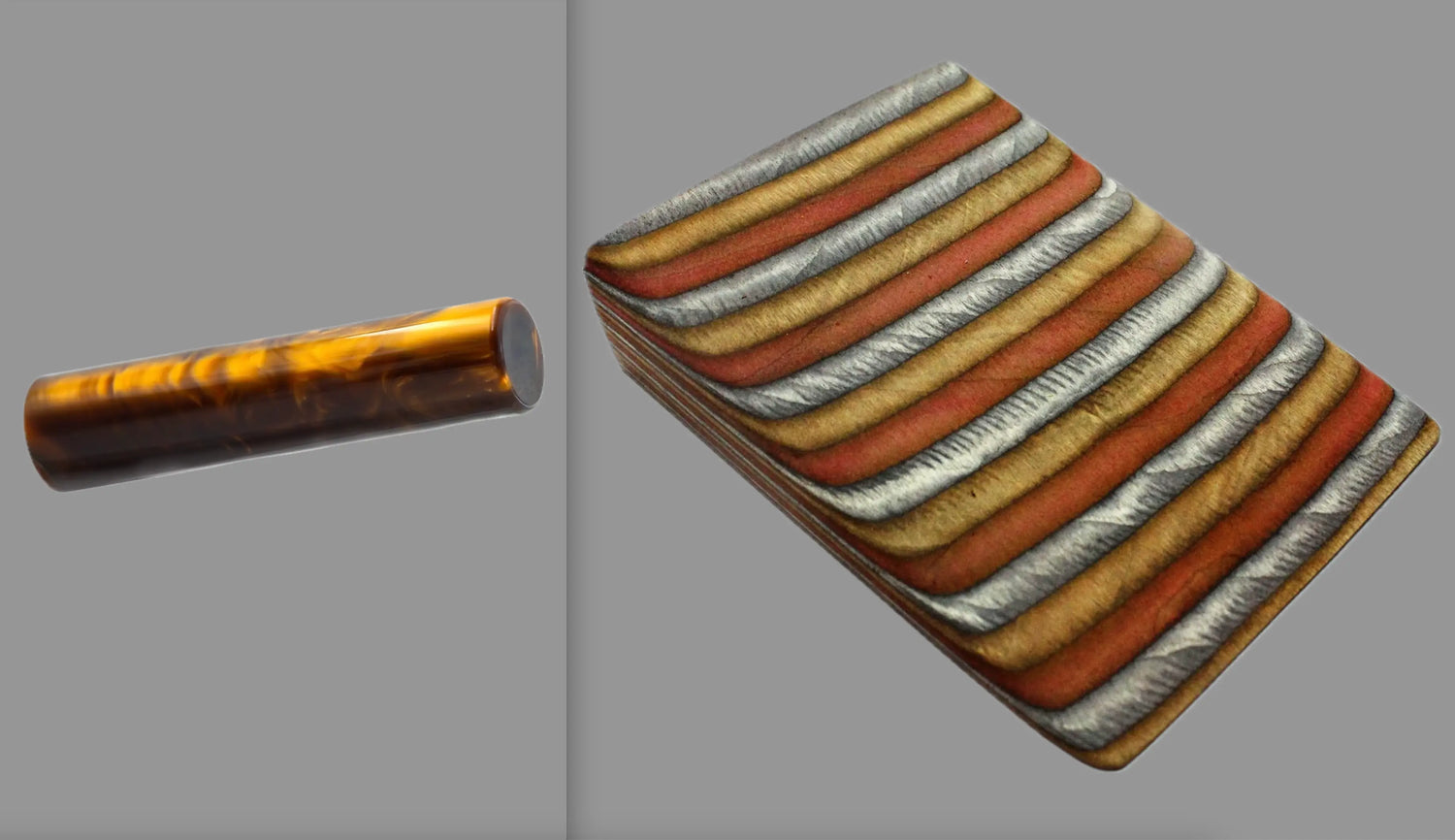 swatch of swirling copper tone acrylic rod next to Jacaranda laminate wood pattern of alternating grey, copper, and bronze tones