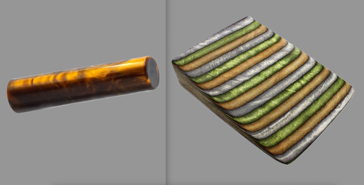 swatch of swirling bronze tone acrylic rod next to Mountain Camo laminate wood pattern of alternating silver grey, hunter green, and bronze tones with black division lines