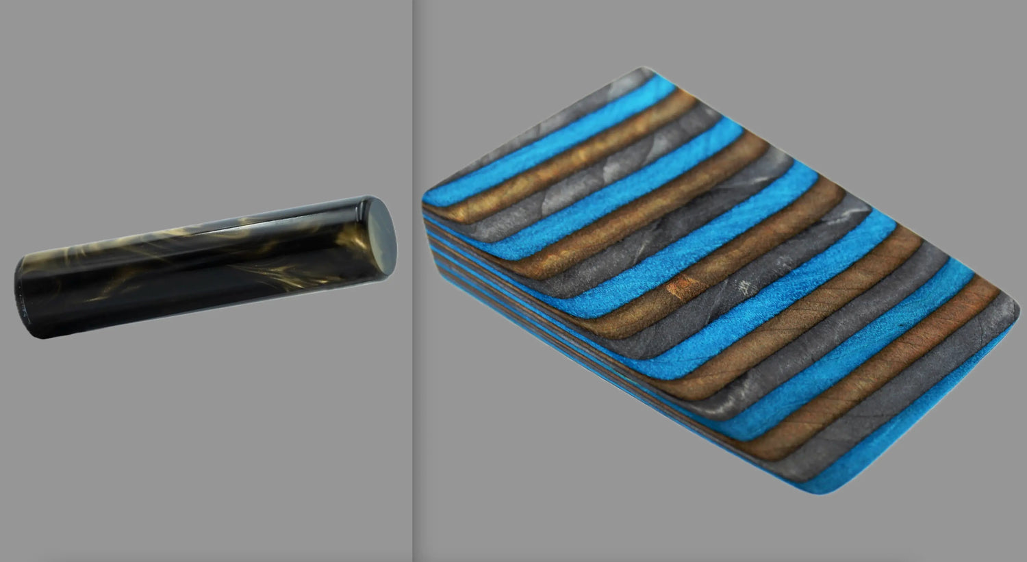 swatch of swirling black and olive green tone acrylic rod next to Safari laminate wood pattern of alternating grey, lapiz blue, bronze or copper tones with black division lines