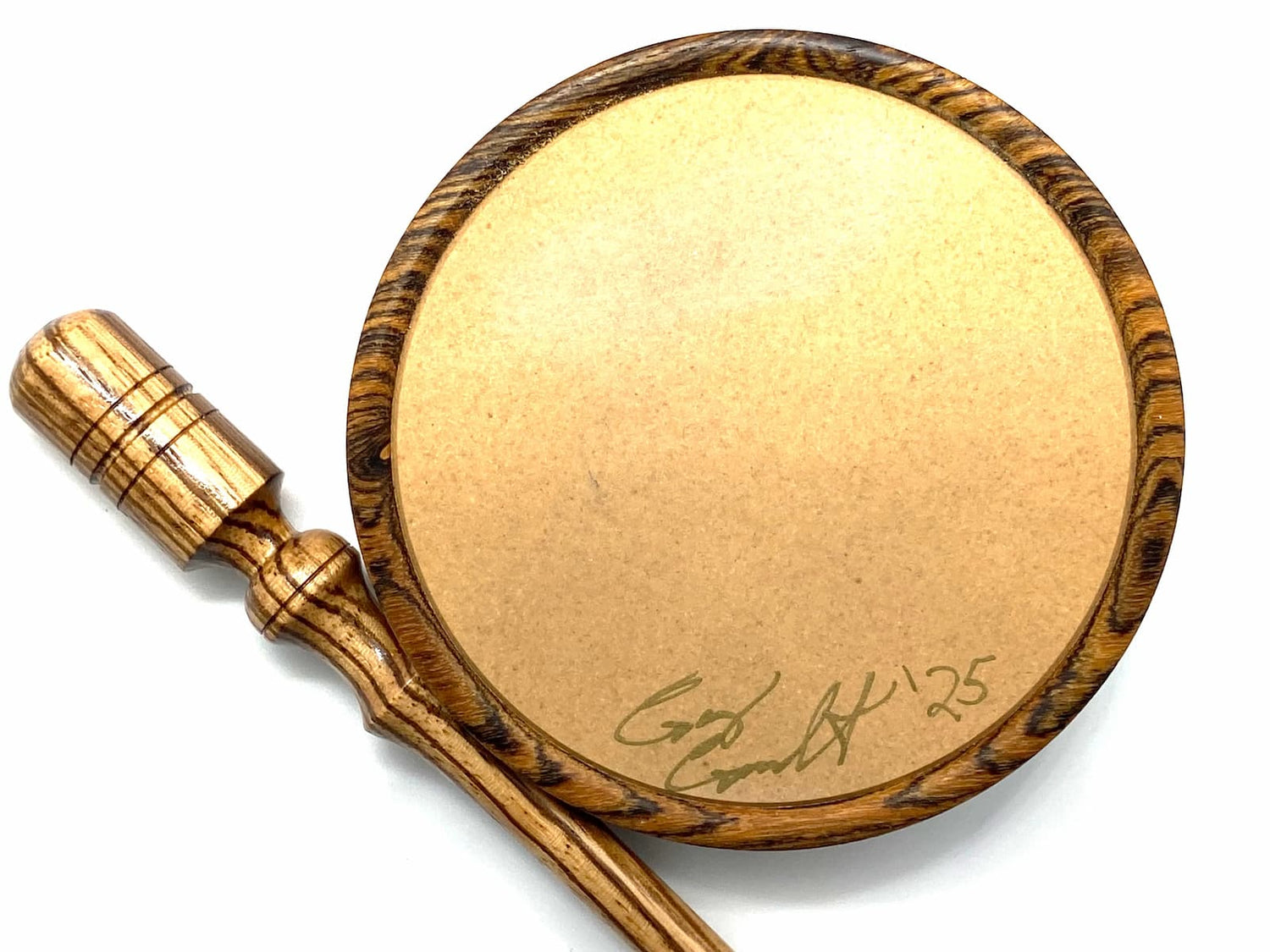 Golden glow on ceramic turkey call pot by Wild Country Customs signed by call maker next to beautiful wooden striker