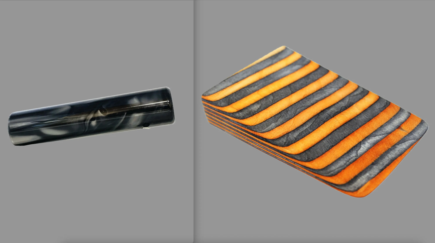 swatch of swirling black and grey tone acrylic rod next to Wildfire laminate wood pattern of alternating ash silver and neon orange tones set off by black dividing lines