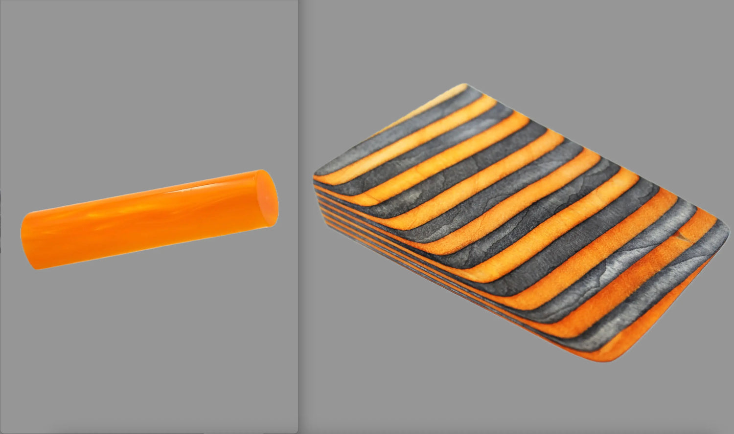 swatch of swirling neon orange tone acrylic rod next to Wildfire laminate wood pattern of alternating ash silver and neon orange tones set off by black dividing lines