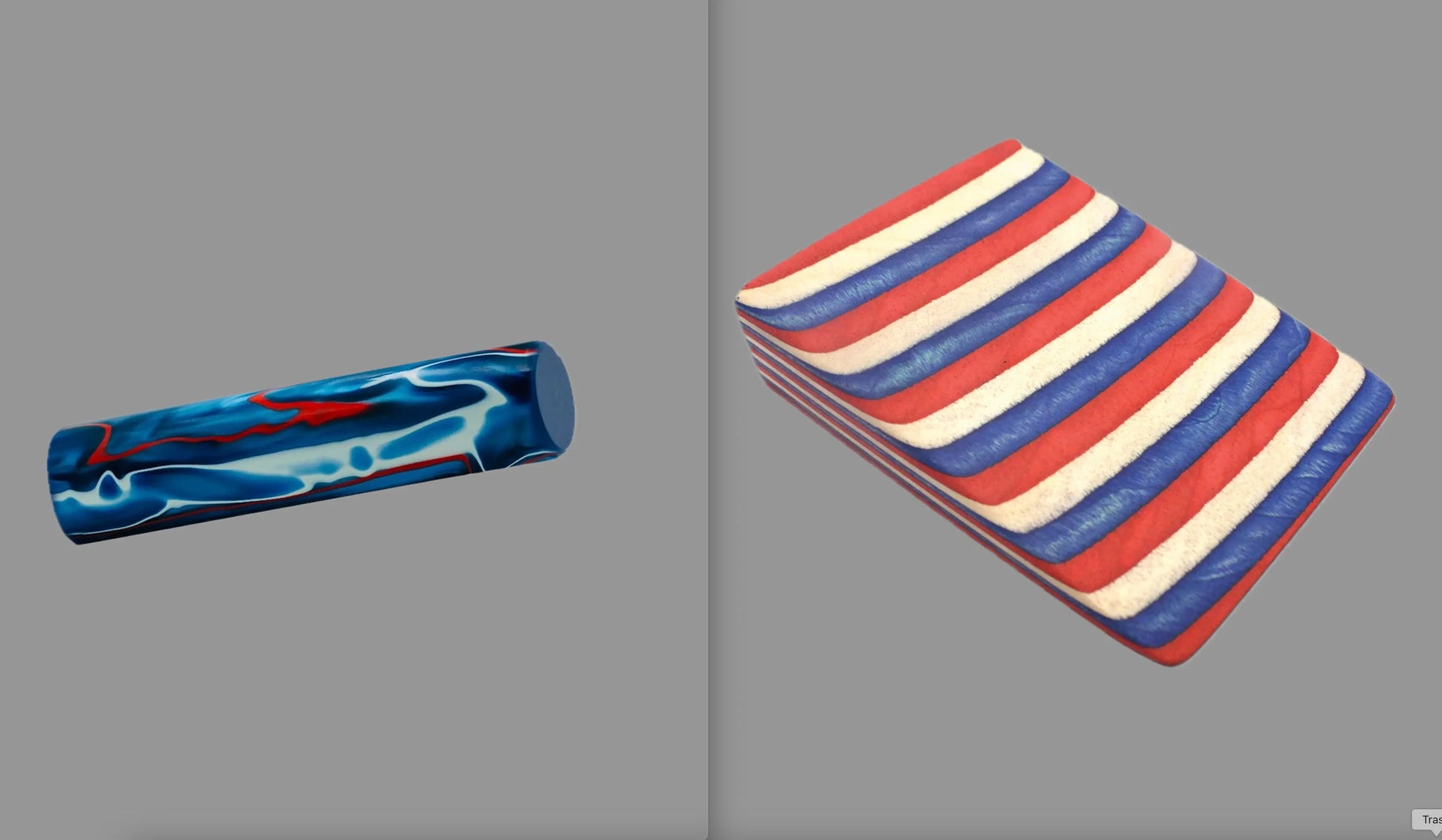 swatch of swirling red and white patterns in a dark blue acrylic rod next to Americana laminate wood pattern of alternating red, white, and blue color tones