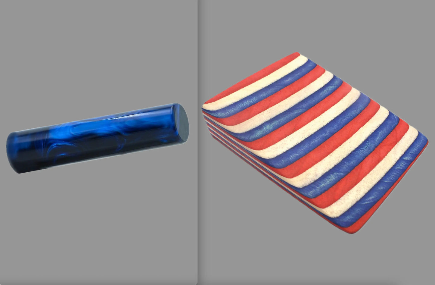 swatch of swirling blue and black tone acrylic rod next to Americana laminate wood pattern of alternating red, white, and blue color tones