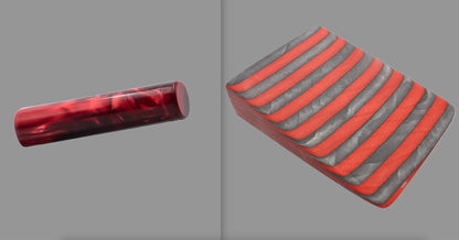 swatch of swirling burgandy tone acrylic rod next to Apple Jack laminate wood pattern of alternating red and grey color tones