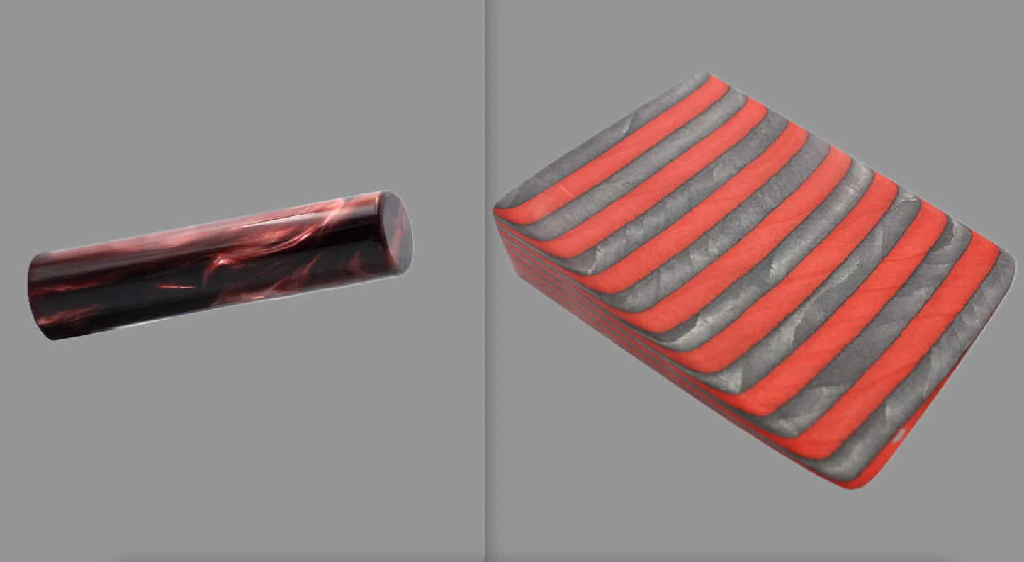 swatch of swirling dark cherry tone acrylic rod next to Apple Jack laminate wood pattern of alternating red and grey color tones