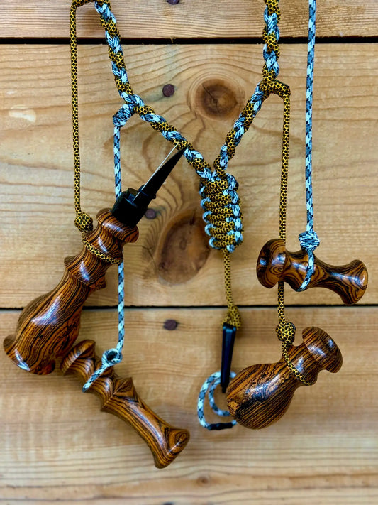 Bocote Predator Call Set Close Up View with rabbit squealer, coyote howler, fawn distress bleat, and rodent squeaker
