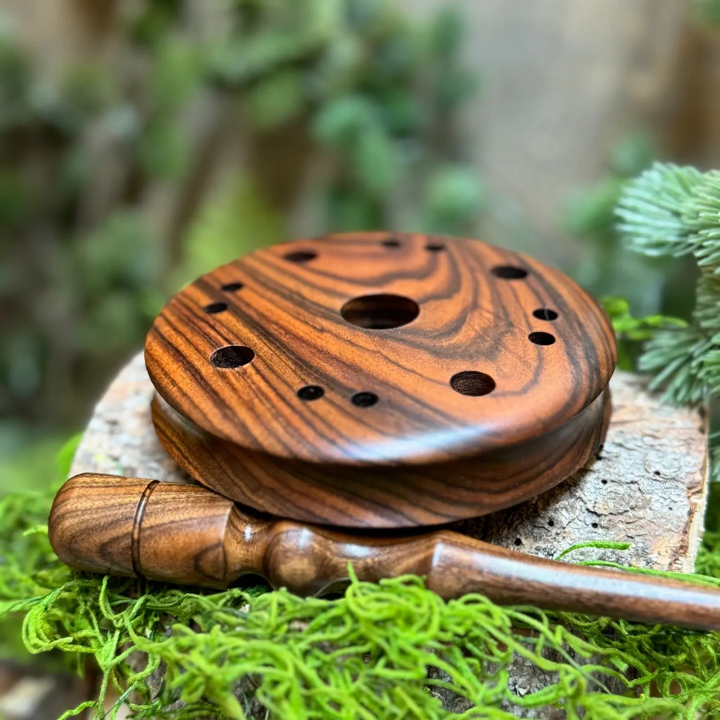Bolivian Rosewood Turkey Pot Call showing ergonomic profile with a matching striker