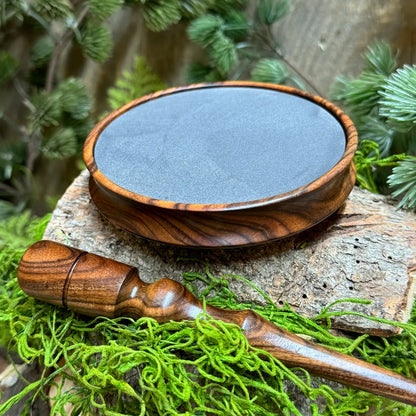 Bolivian Rosewood Turkey Pot Call profile view with Gray Slate surface by matching striker