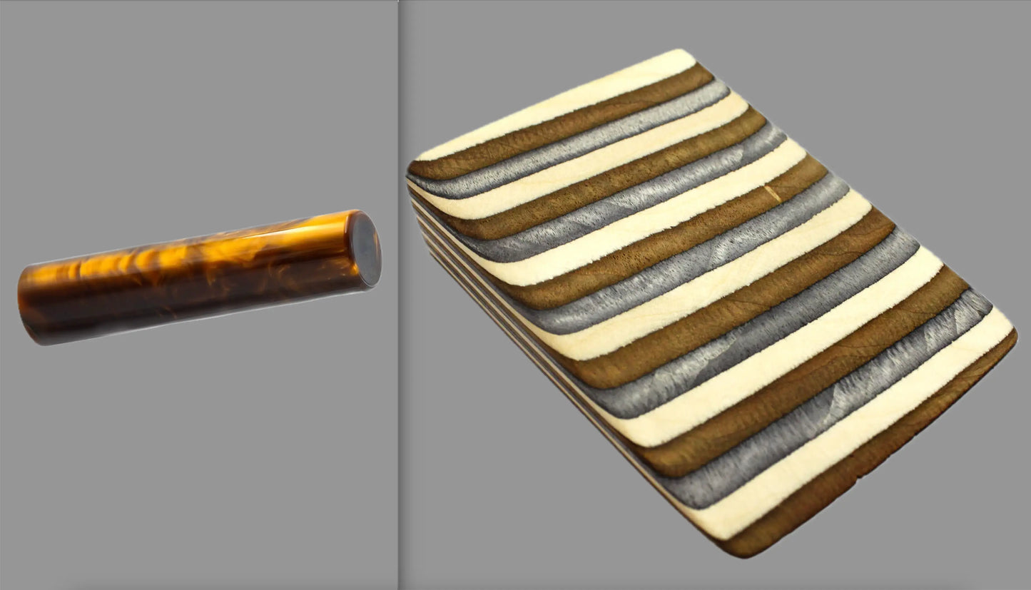 swatch of swirling copper tone acrylic rod next to Buckskin laminate wood pattern of alternating grey, copper, and creme tones separated by black dividing lines