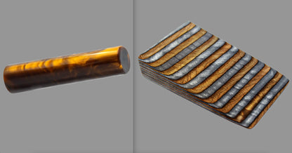 swatch of swirling copper tone acrylic rod next to Coffee laminate wood pattern of alternating grey, copper, and black tones