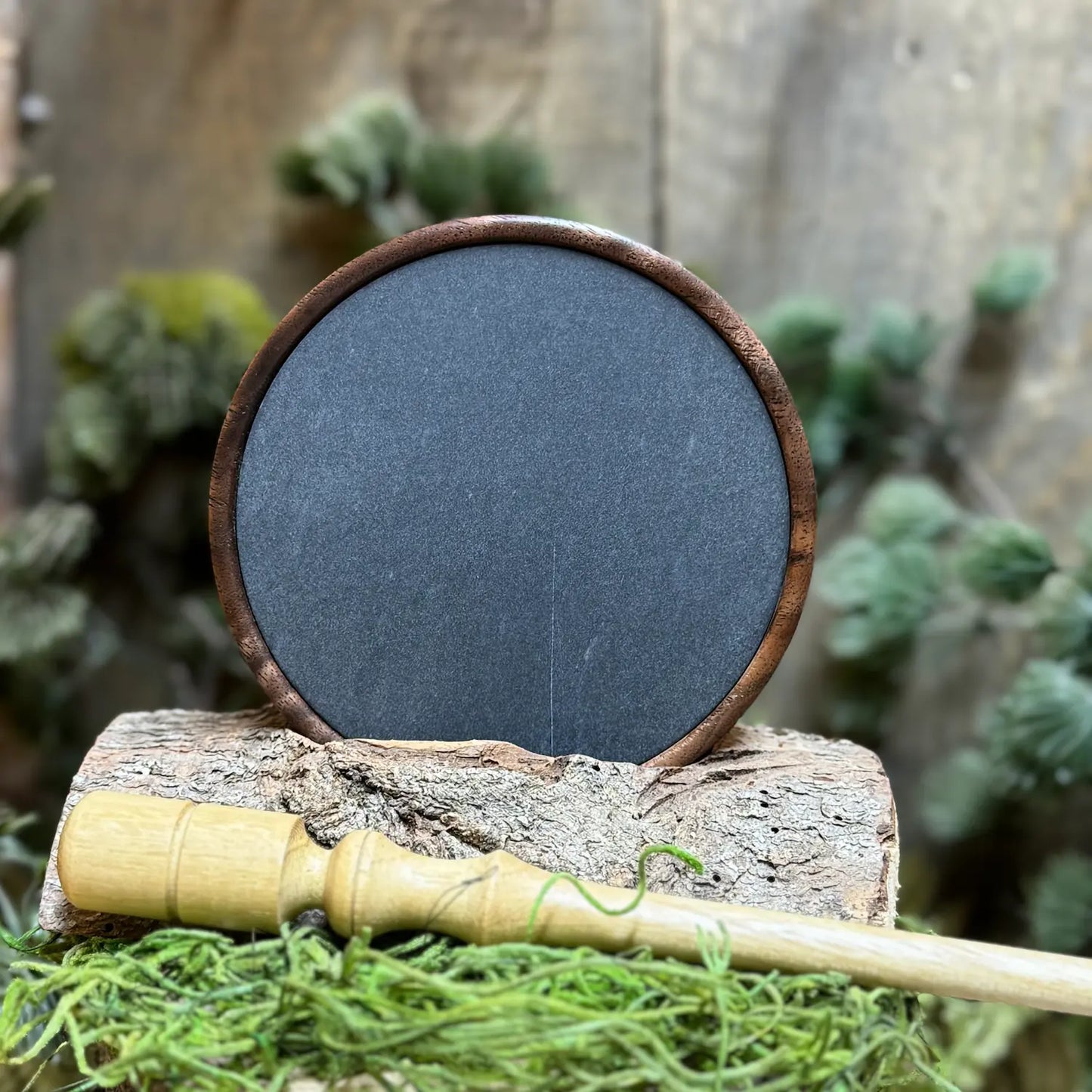 Curly Black Walnut Turkey Call with gray slate surface and a lighter milky toned striker made of black locust wood