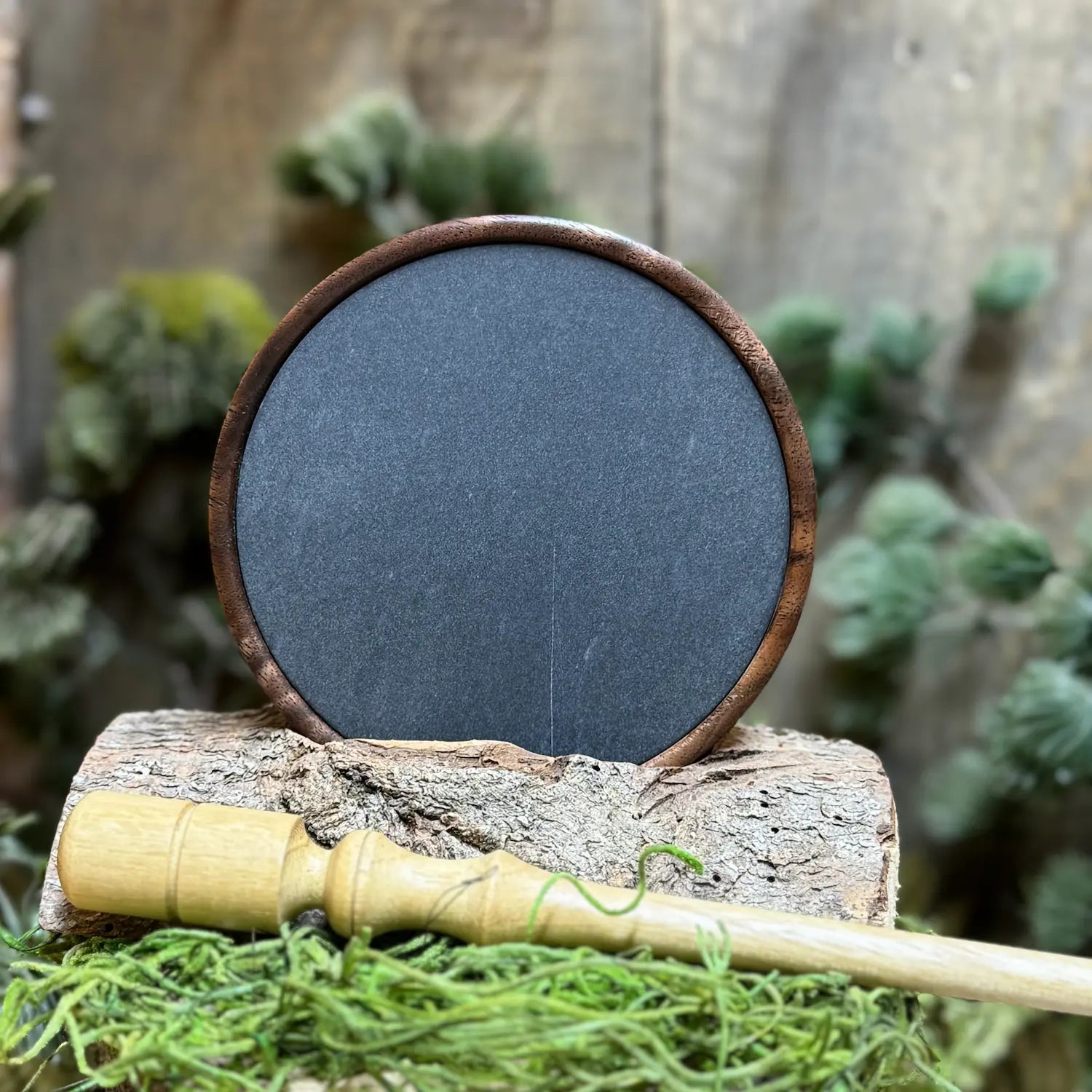 Curly Black Walnut Turkey Call with gray slate surface and a lighter milky toned striker made of black locust wood