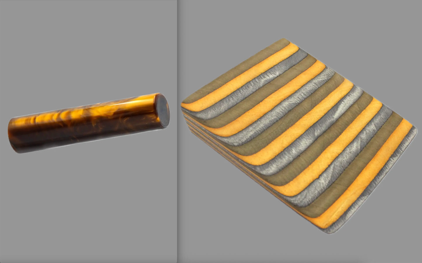 swatch of swirling bronze tone acrylic rod next to Ember Glow laminate wood pattern of alternating ash silver, bronze, and neon orange tones set off by black dividing lines