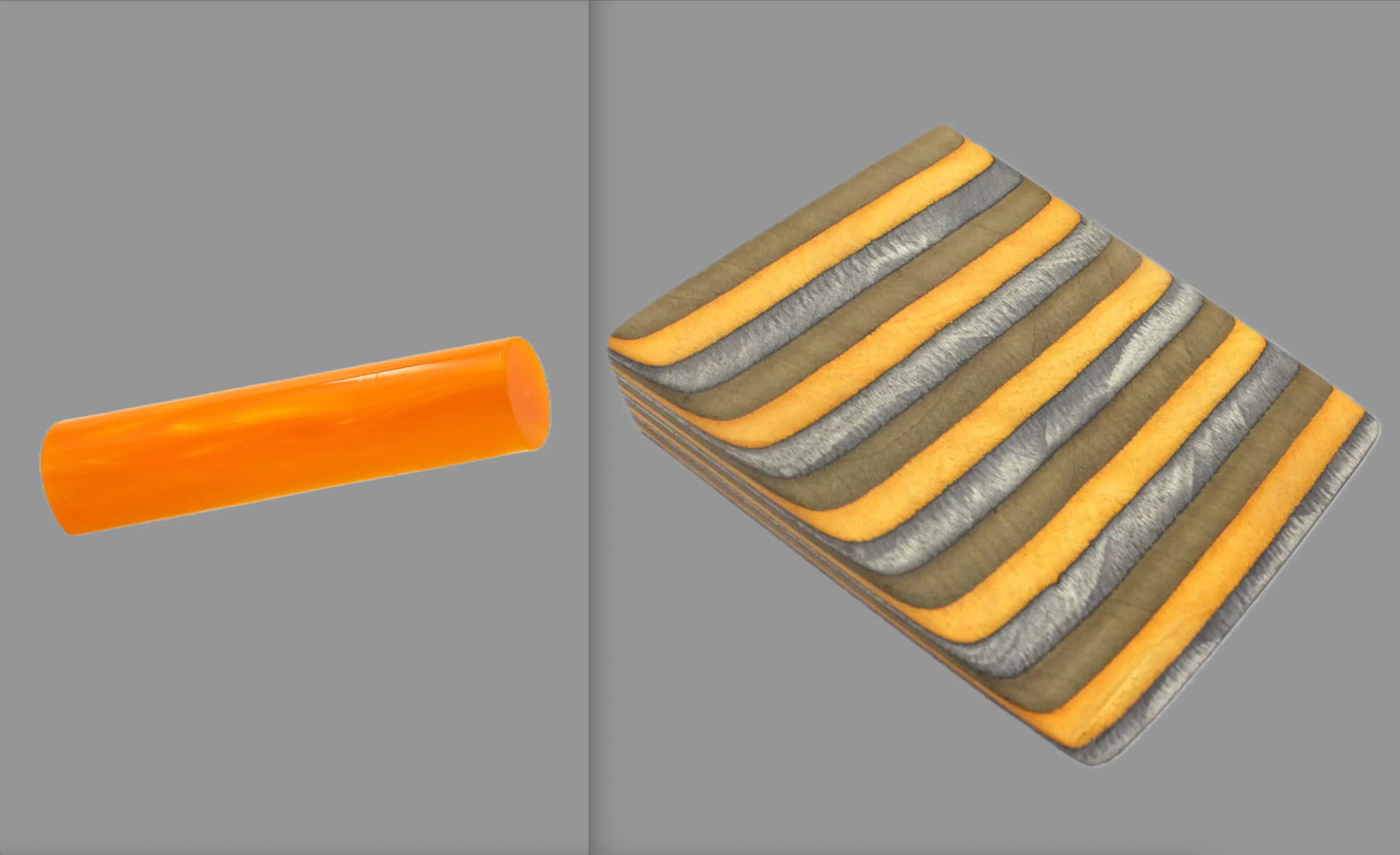 swatch of swirling neon orange tone acrylic rod next to Ember Glow laminate wood pattern of alternating ash silver, bronze, and neon orange tones set off by black dividing lines