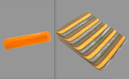 swatch of swirling neon orange tone acrylic rod next to Ember Glow laminate wood pattern of alternating ash silver, bronze, and neon orange tones set off by black dividing lines