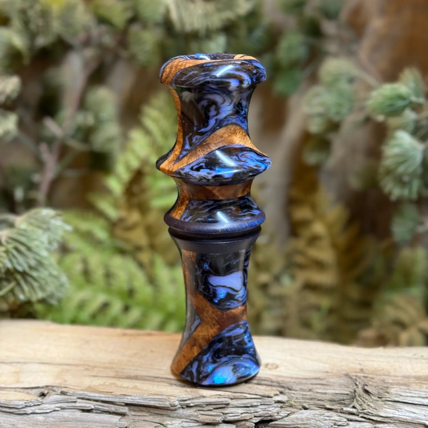 Black Ash Burl Hybrid Resin Short Reed Goose Call with royal blue accents and dyed curly maple accents at the collar