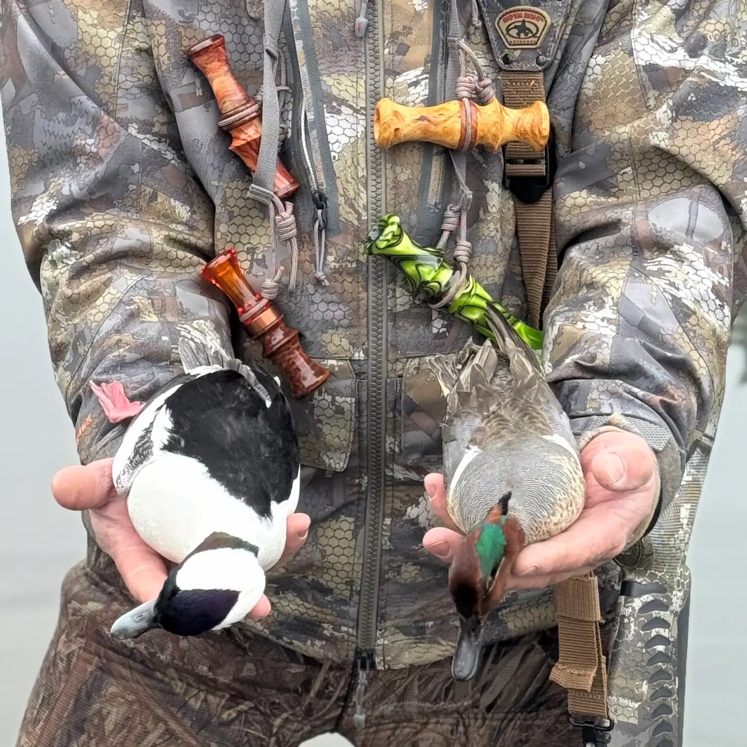 Assorted waterfowl calls adorn the lanyard of hunter who displays bufflehead and greenwing teal trophies