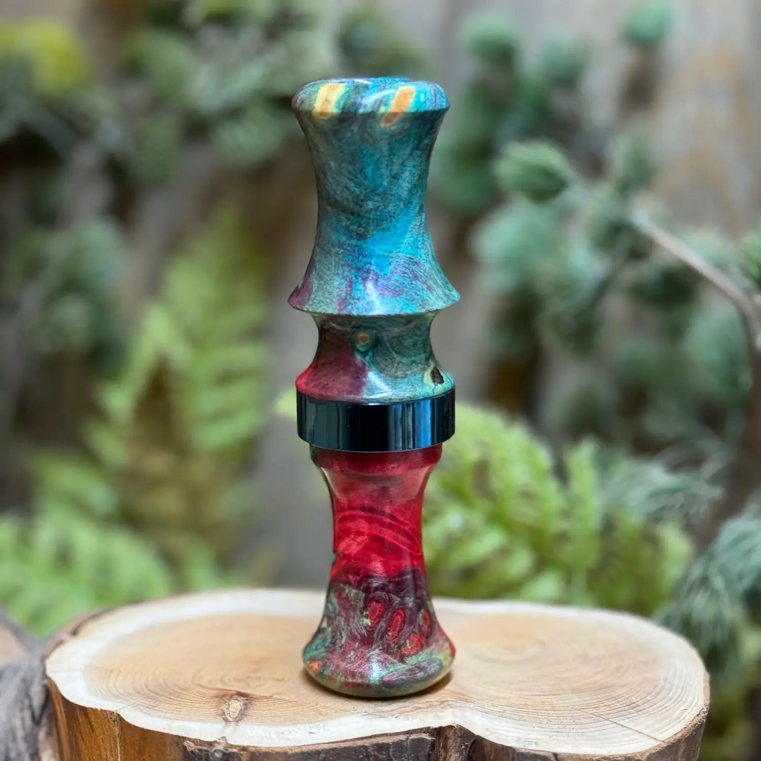 Double Dyed Maple Burl Wood Duck Call in Aquamarine Blues and Cherry Red