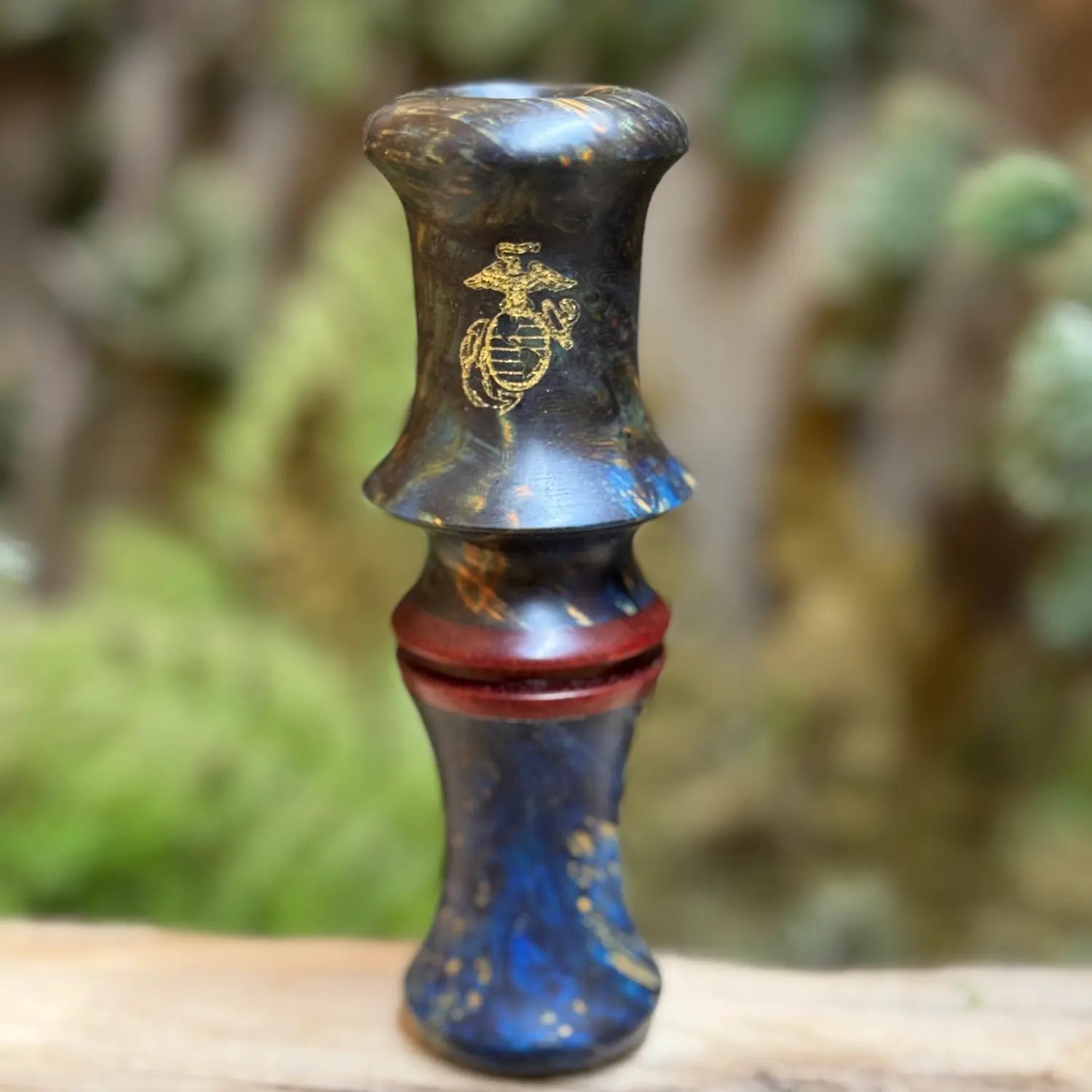 Double Dyed Maple Burl Short Reed Goose call Engraved with Gold Inlay