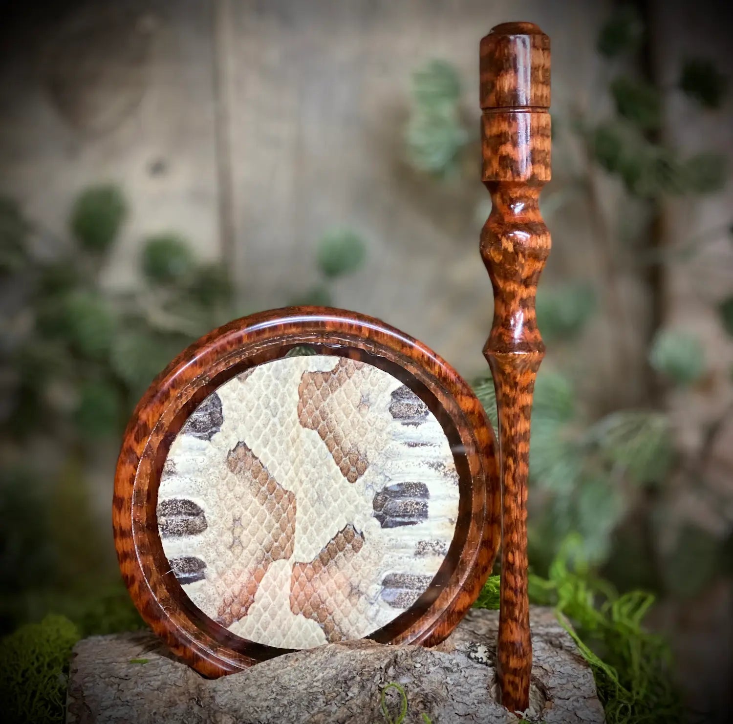 Snakewood Turkey Pot Call with Copperhead Snake Skin Under Glass and Matching Snakewood Striker