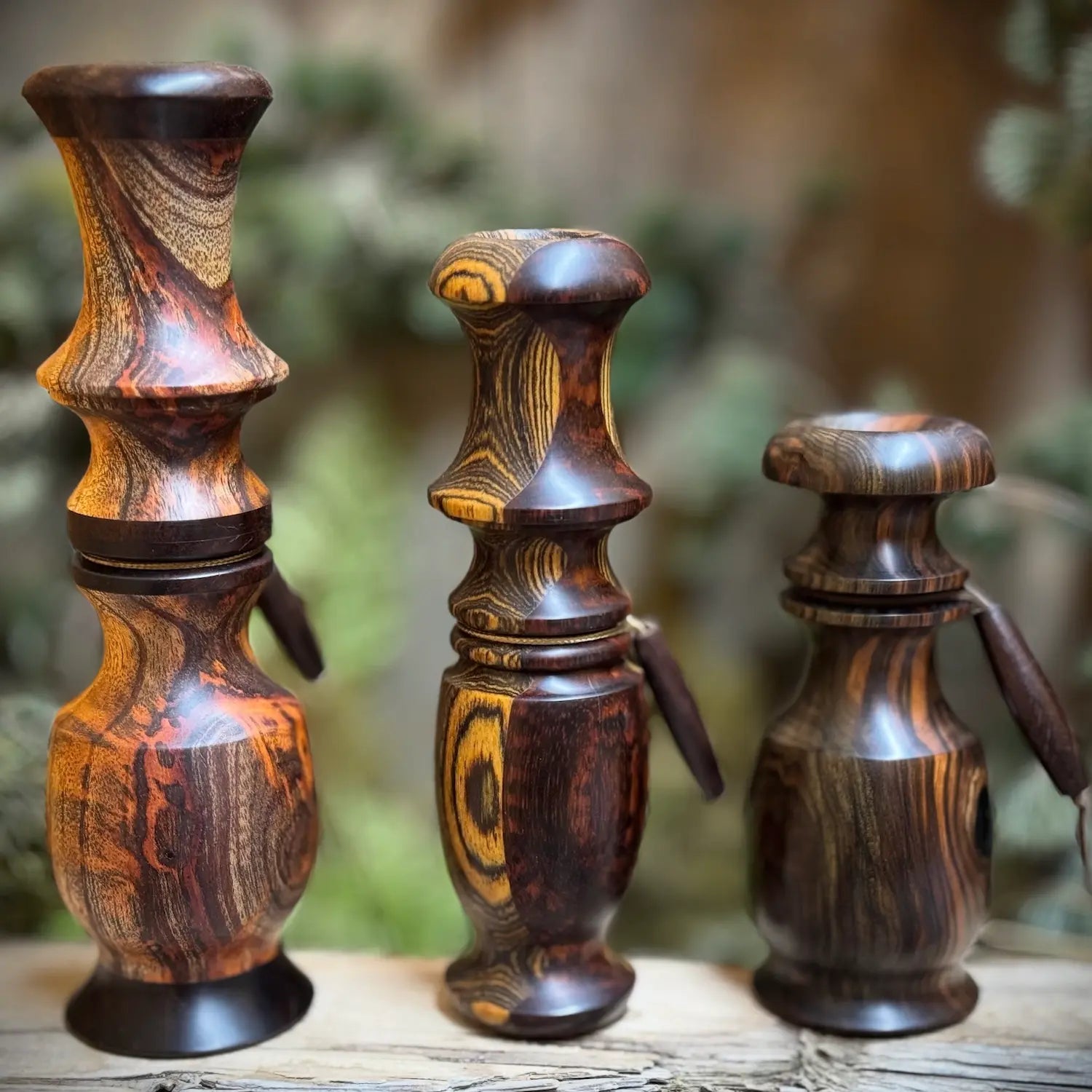 Assorted Whitetail Deer Calls: Asian Mahogany Grunt, Snakewood and Bocote Laminate Grunt and Mun Ebony Snort-Wheeze