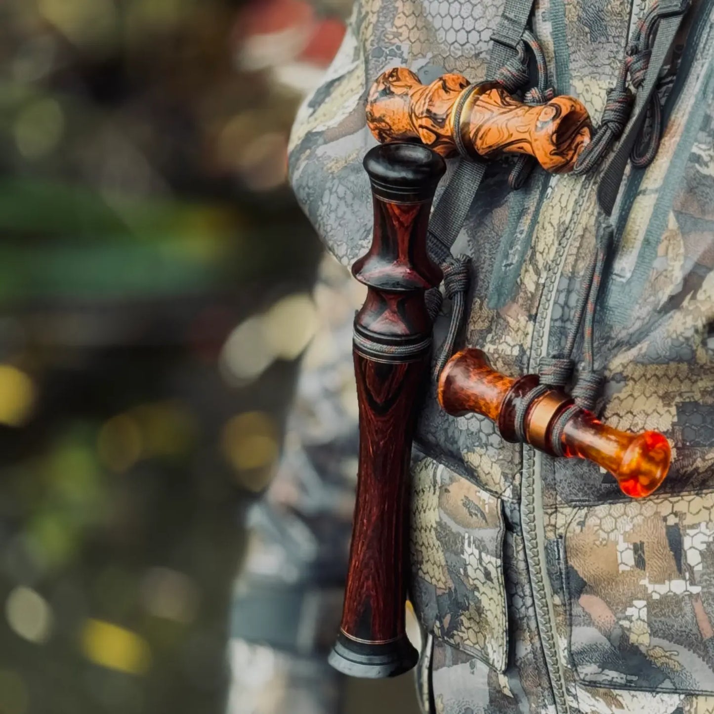 Cocobolo Goose Flute on lanyard at chest of waterfowl hunter