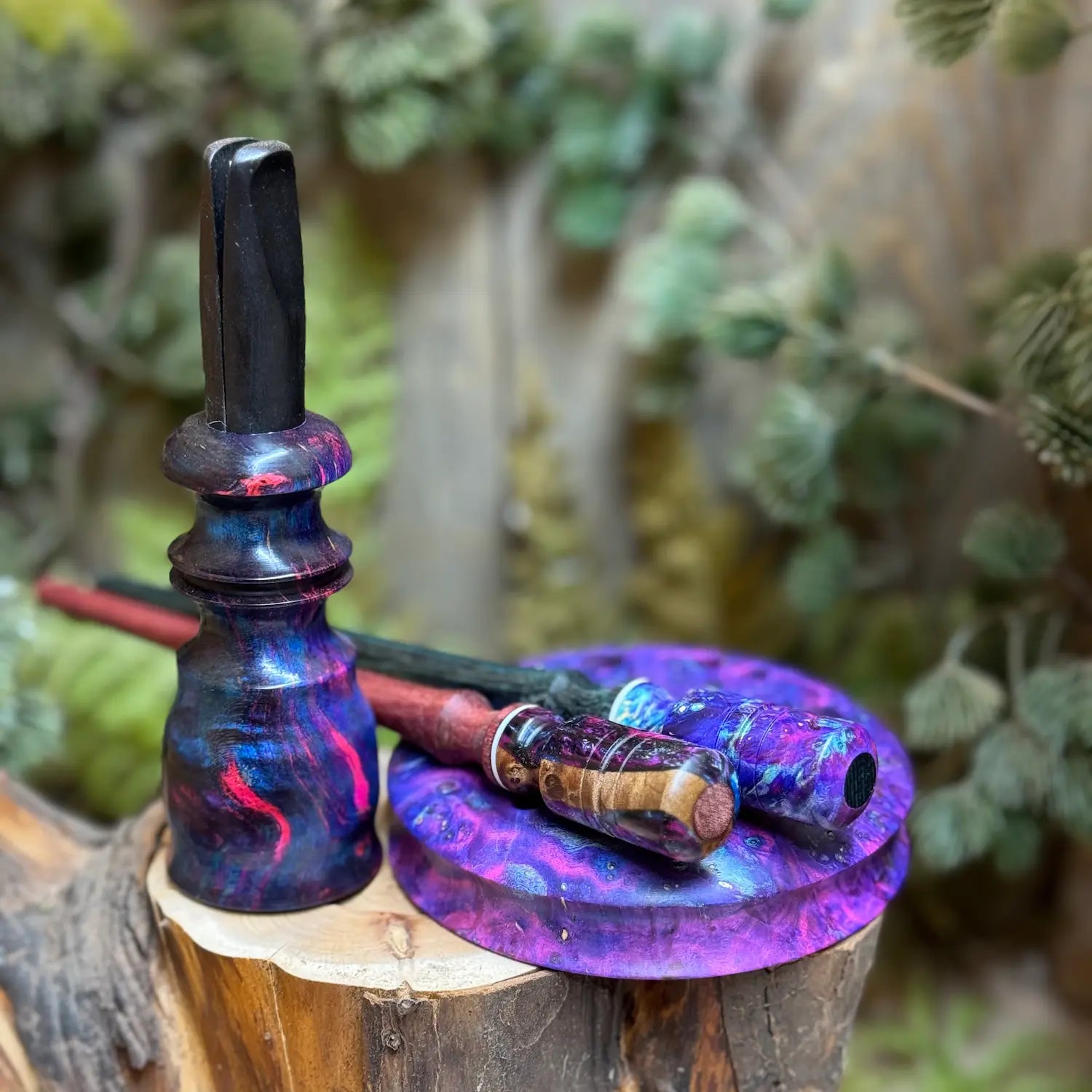 Custom Purple and Blue Turkey Call Set with Crow Call, Pot Call, and two strikers