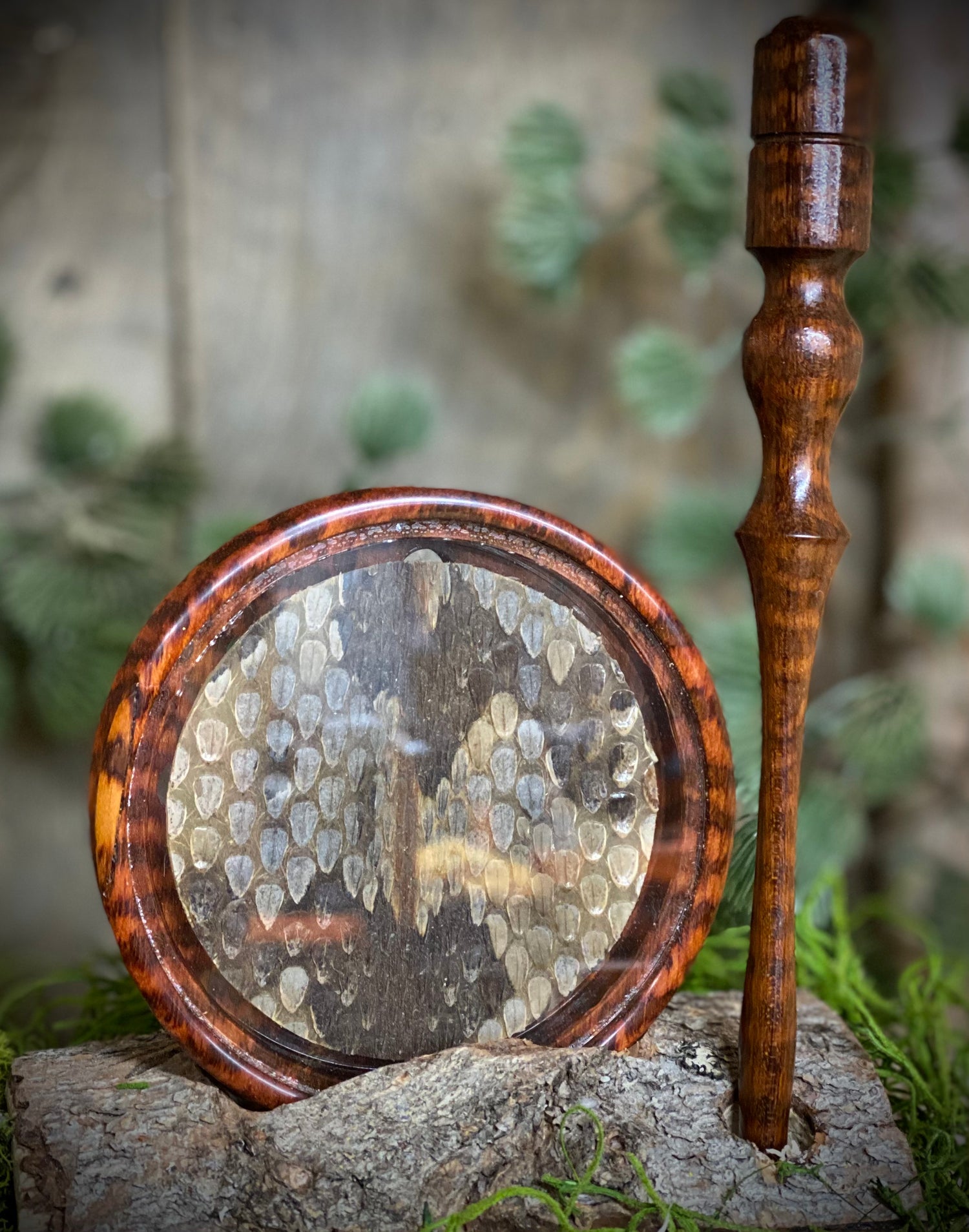 Snakewood Striker  & Turkey Pot Call with Timber Rattler Snakeskin under Glass Surface