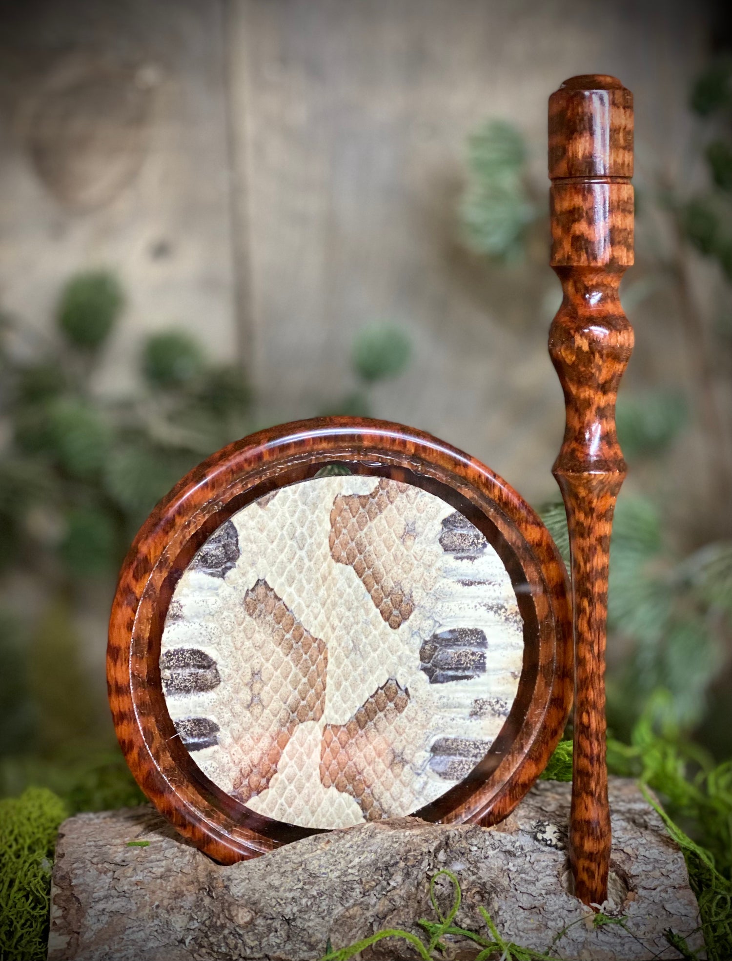 Snakewood Striker  & Turkey Pot Call with Copperhead Snakeskin under Glass Surface