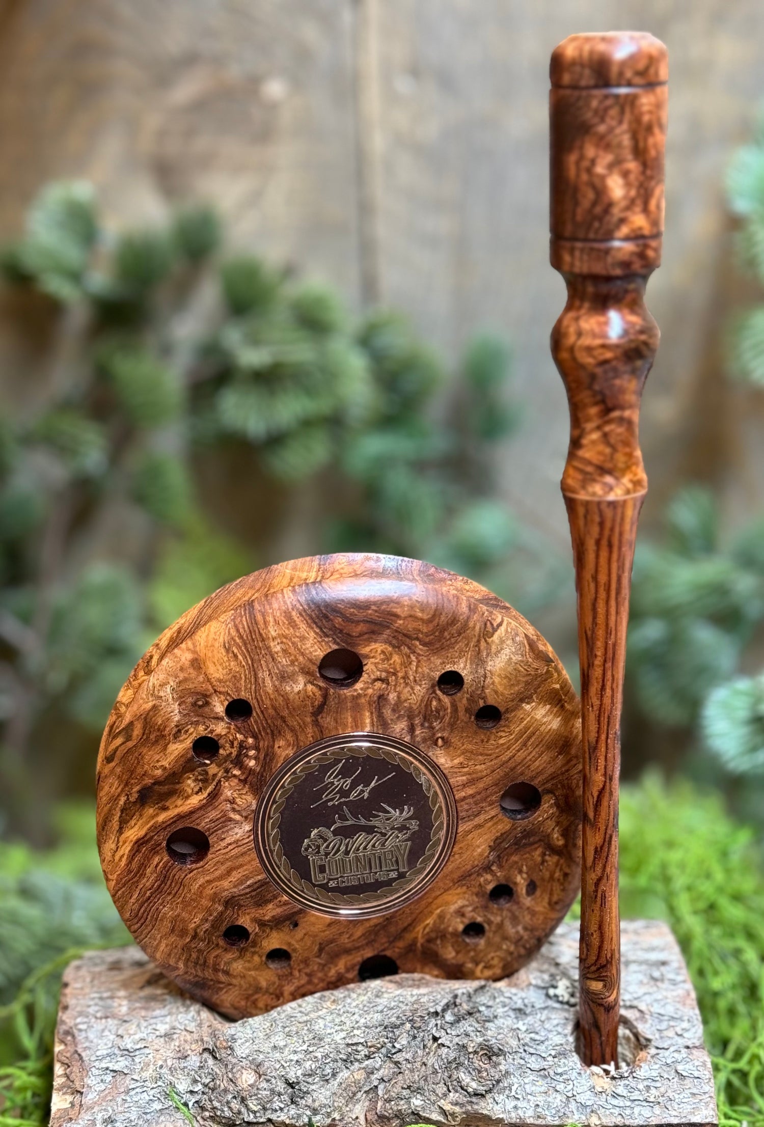 Honduran Rosewood Burl Pot Call with Copper Plate Medallion and matching HRB Striker