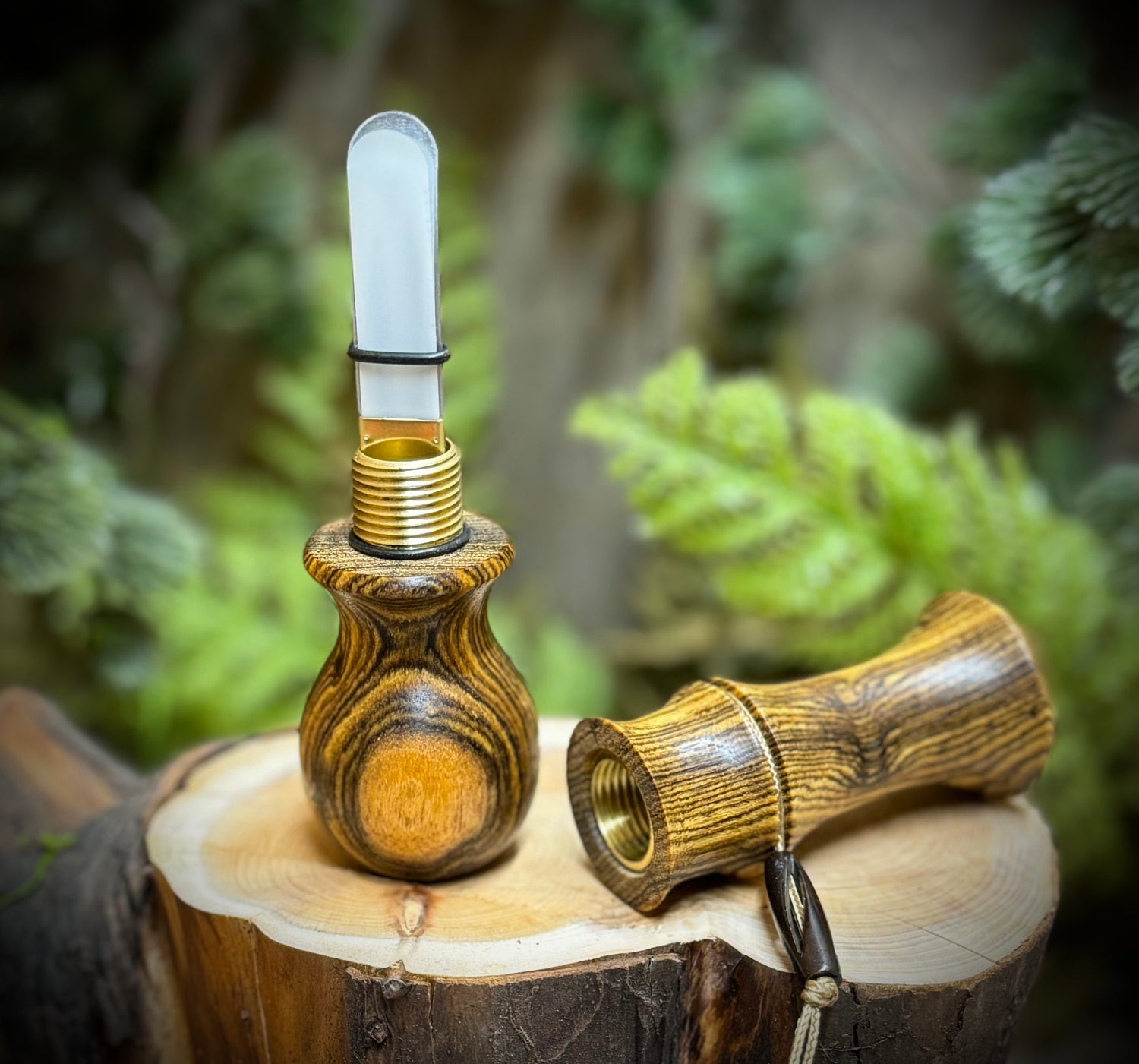 Bocote Wood Owl Call in 2 pieces with internal threading shown with reed