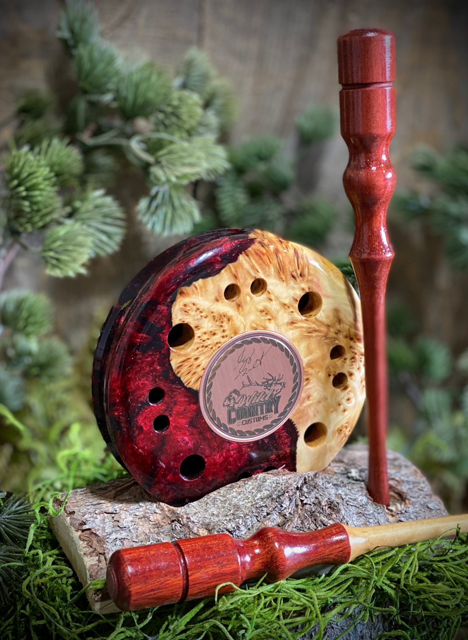 Pot Call in Yellow Cedar Burl Hybrid with Maroon Resin