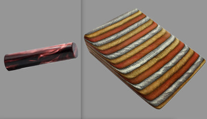 swatch of swirling dark cherry tone acrylic rod next to Jacaranda laminate wood pattern of alternating grey, copper, and bronze tones