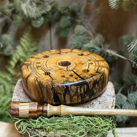 Custom Mammoth Tusk Turkey Pot Call with matching handmade striker. The persimmon wood striker has Asian Mahogany Burl and Mammoth Tusk head including custom inlays.
