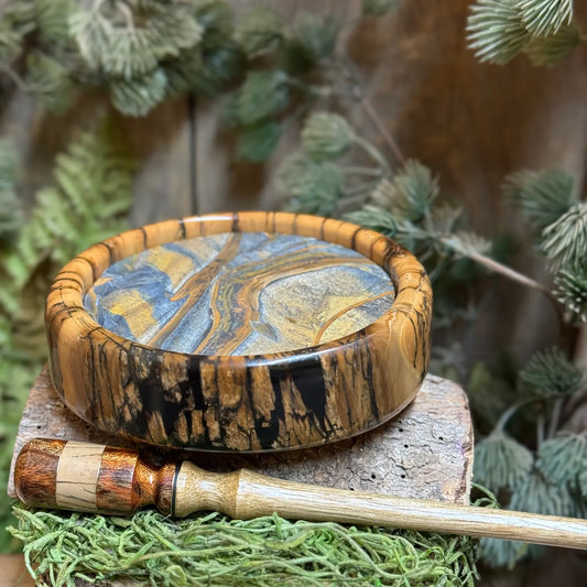Custom Mammoth Tusk Turkey Pot Call with Tiger Eye Jasper stone surface. Includes matching handmade striker. The persimmon wood striker has Asian Mahogany Burl and Mammoth Tusk head including custom inlays.