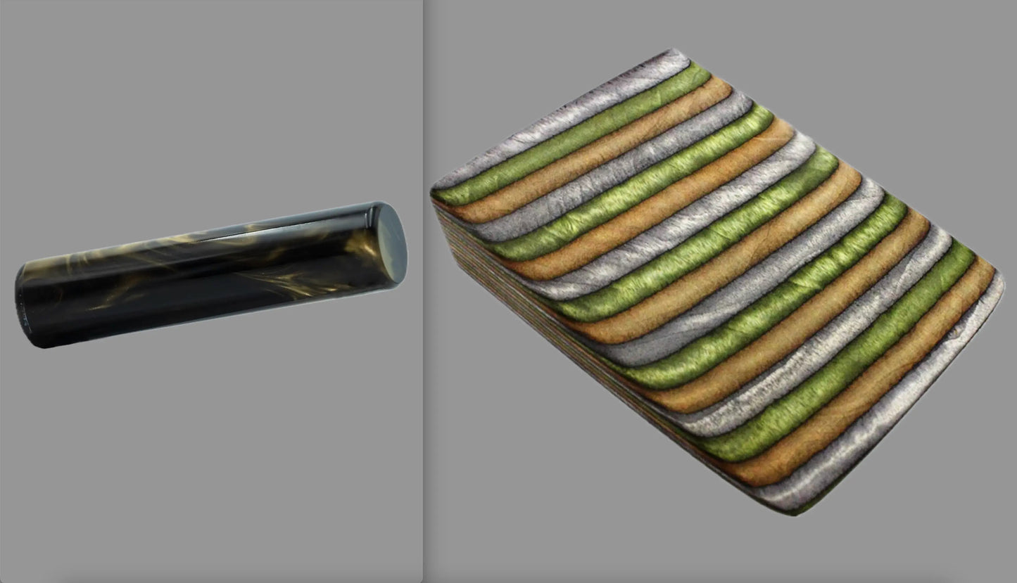 swatch of swirling black and olive tone acrylic rod next to Mountain Camo laminate wood pattern of alternating silver grey, hunter green, and bronze or copper tones with black division lines