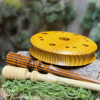 Osage Orange Pot Call Profile View with Ember Glow Laminate Striker and Black Locust Striker