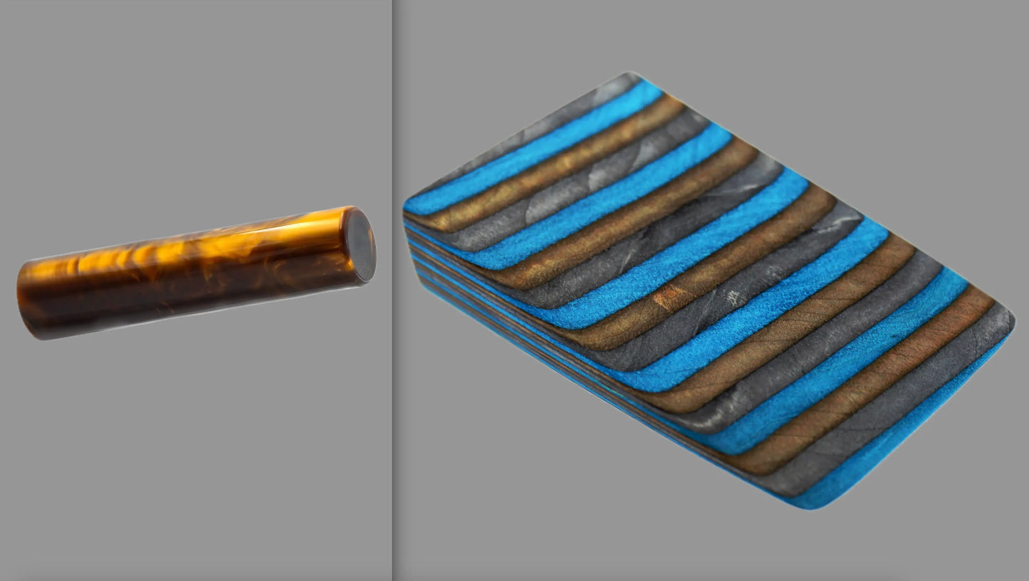 swatch of swirling bronze tone acrylic rod next to Safari laminate wood pattern of alternating grey, lapiz blue, bronze or copper tones with black division lines