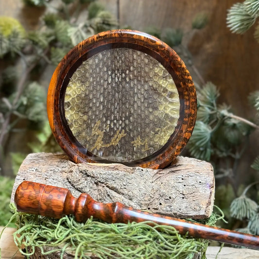 Snakewood Turkey Pot Call with Prairie Rattler Snakeskin under Glass and matching striker