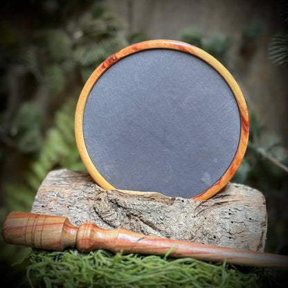 Tulipwood Turkey Call with Purple Slate playing surface next to a matching tulipwood striker