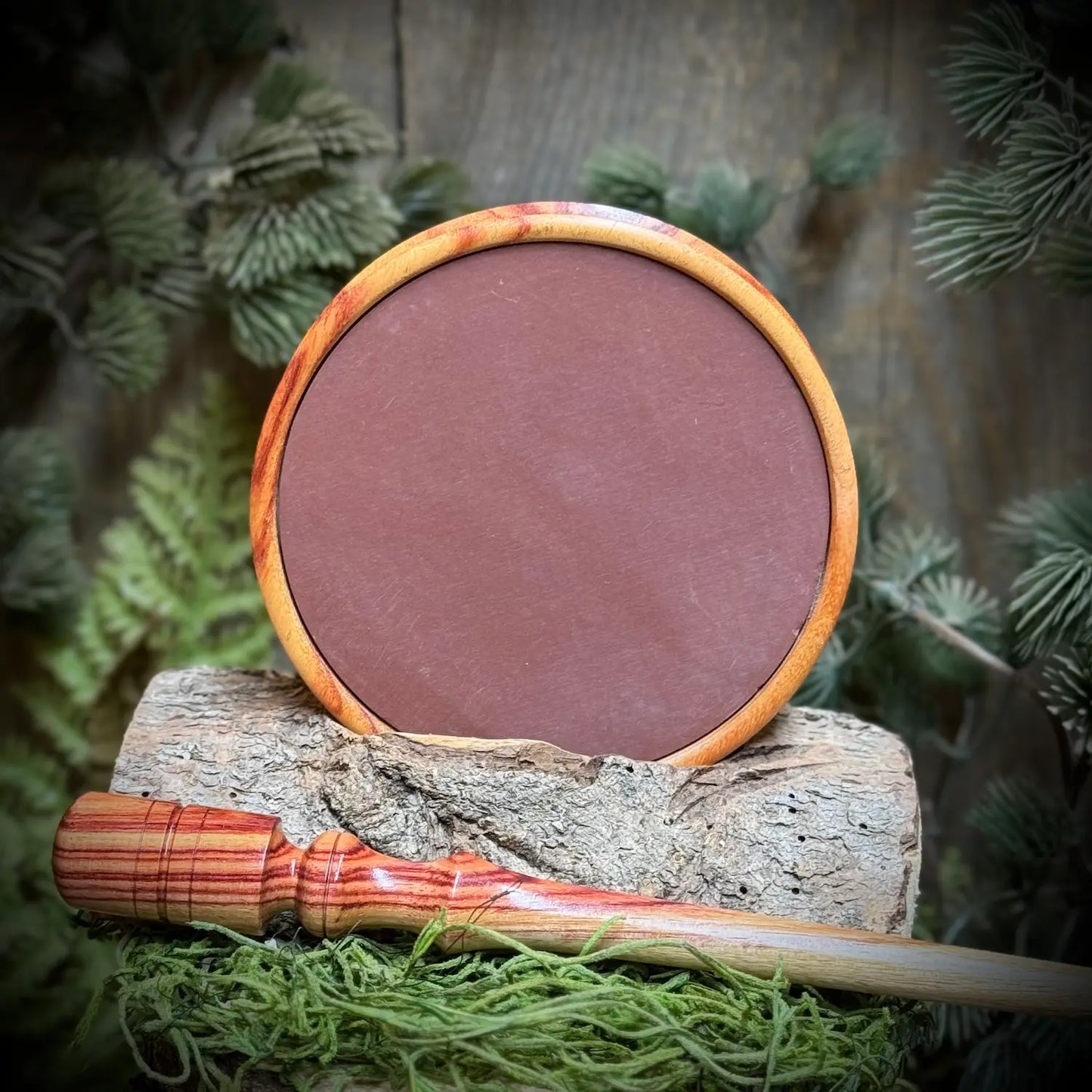 Tulipwood Turkey Pot Call with Red Slate playing surface and a matching tulipwood striker