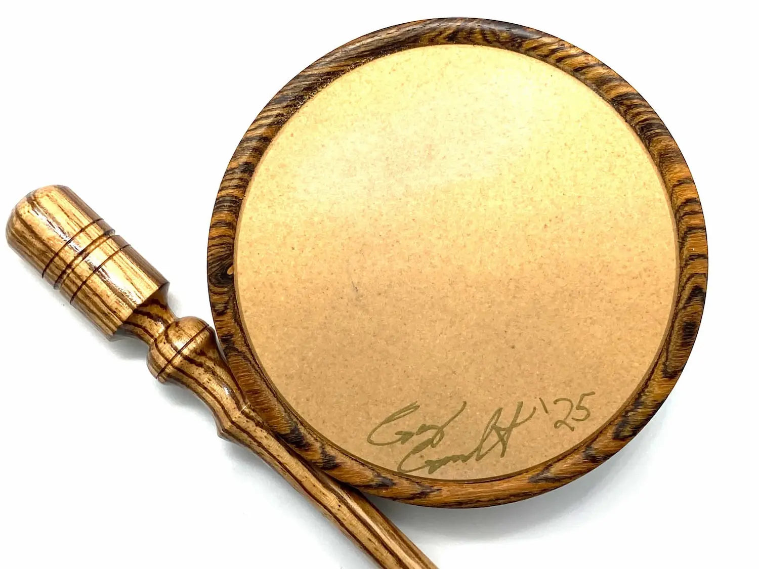 Golden glow on ceramic turkey call pot by Wild Country Customs signed by call maker next to beautiful wooden striker